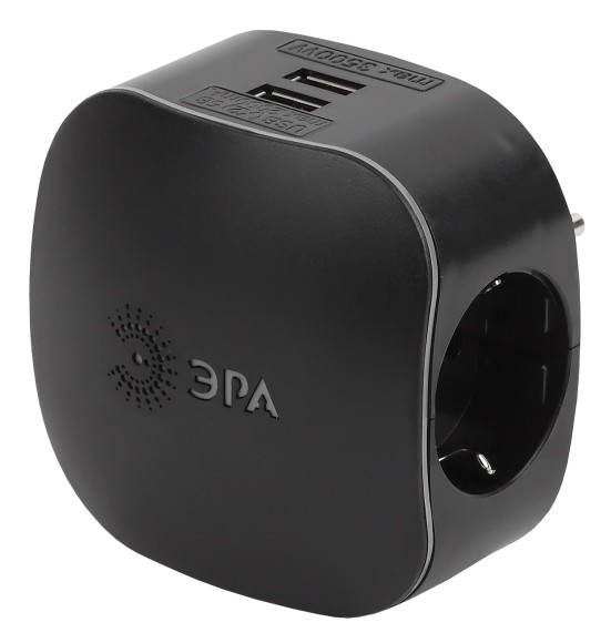 Б0046364 Разветвитель электрический ЭРА SP-3e-USB-BLACK на 3 розетки + 2 USB с заземлением со шторками 16А черный