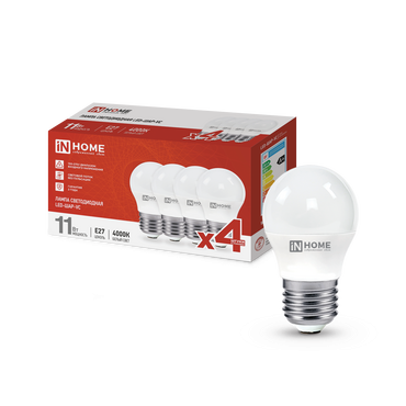 4690612047881 Лампа сд LED-ШАР-VC 4PACK 11Вт 230В Е27 4000К 1050Лм (4шт./упак) IN HOME
