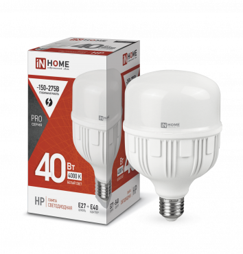 Лампа сд LED-HP-PRO 40Вт 230В Е27 с адаптером E40 4000К 3800Лм IN HOME 4690612031095