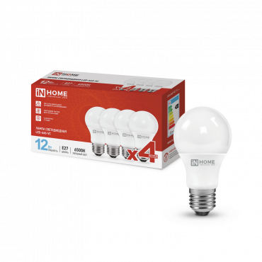 4690612047676 Лампа сд LED-A60-VC 4PACK 12Вт 230В Е27 6500К 1140Лм (4шт./упак) IN HOME