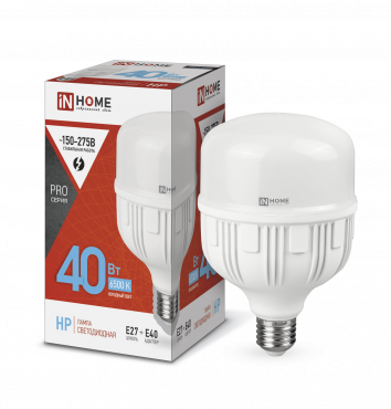 Лампа сд LED-HP-PRO 40Вт 230В Е27 с адаптером E40 6500К 3800Лм IN HOME 4690612031101