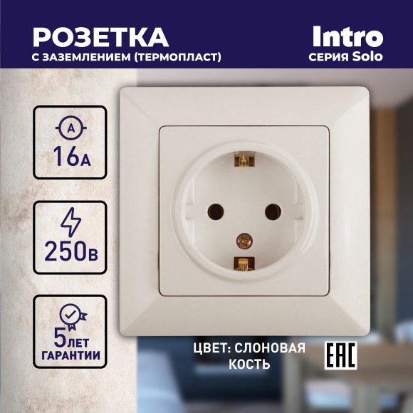 Б0043313 4-202-02 Intro Розетка 2P+E Schuko, 16А-250В, СУ, Solo, сл.кость (10/200/2400)