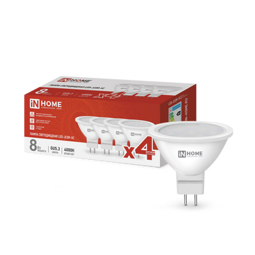 4690612047928 Лампа сд LED-JCDR-VC 4PACK 8Вт 230В GU5.3 4000К 720Лм (4шт./упак) IN HOME