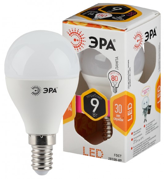 Б0029041 Лампочка светодиодная ЭРА STD LED P45-9W-827-E14 E14 / Е14 9Вт шар теплый белый свет