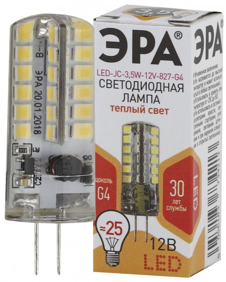 Лампочка светодиодная ЭРА STD LED JC-3,5W-12V-827-G4 G4 3,5Вт капсула теплый белый свет