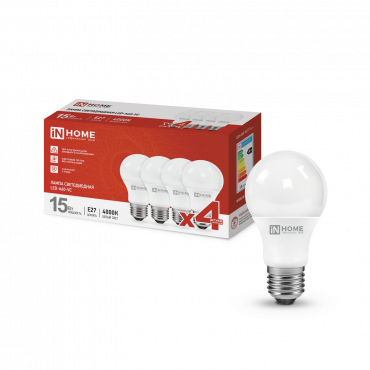 4690612047683 Лампа сд LED-A60-VC 4PACK 15Вт 230В Е27 4000К 1430Лм (4шт./упак) IN HOME