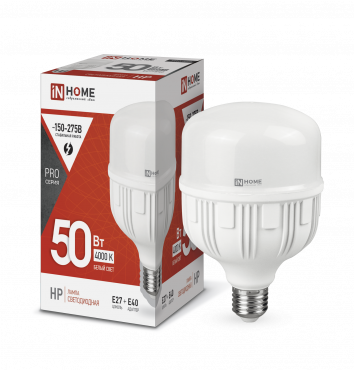 Лампа сд LED-HP-PRO 50Вт 230В Е27 с адаптером E40 4000К 4750Лм IN HOME 4690612031118
