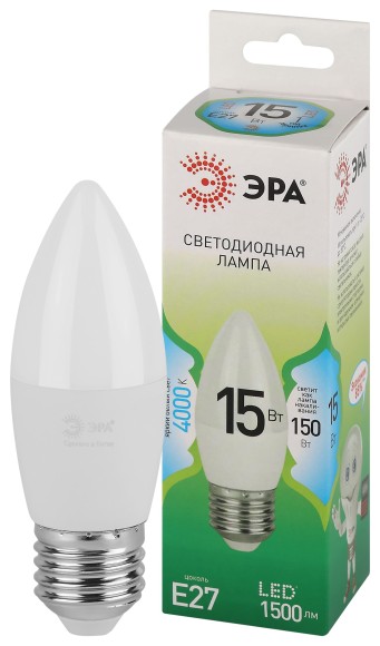 LED B35-15W-840-E27 GL Лампочка светодиодная ЭРА GREEN LINE LED B35-15W-840-E27 GL E27 15 Вт свеча яркий белый свет