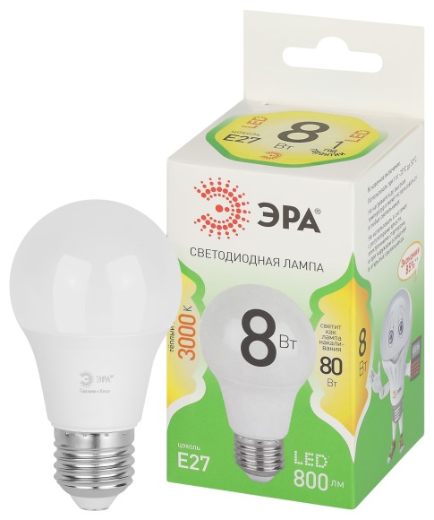 LED A60-8W-830-E27 GL Лампочка светодиодная ЭРА GREEN LINE LED A60-8W-830-E27 GL E27 8 Вт теплый свет