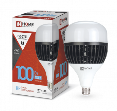 Лампа сд LED-HP-PRO 100Вт 230В E27 с адаптером Е40 6500К 9500Лм IN HOME 4690612035697