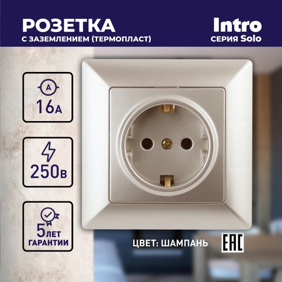 Б0043315 4-202-04 Intro Розетка 2P+E Schuko, 16А-250В, СУ, Solo, шампань (10/200/2000)