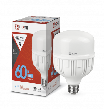 Лампа сд LED-HP-PRO 60Вт 230В E27 с адаптером Е40 6500К 5700Лм IN HOME 4690612031132