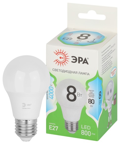 LED A60-8W-840-E27 GL Лампочка светодиодная ЭРА GREEN LINE LED A60-8W-840-E27 GL E27 8 Вт груша яркий белый свет
