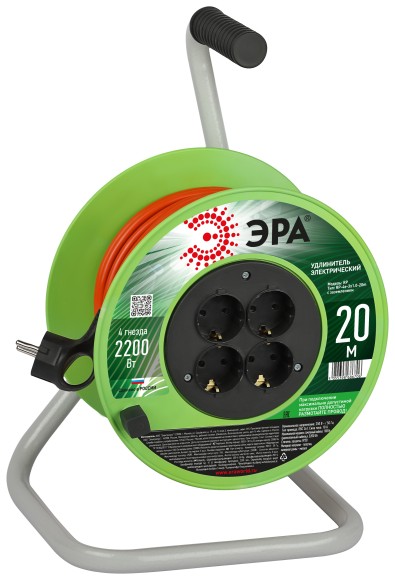 RP-4e-3х1.0-20m Удлинитель силовой ЭРА RP-4e-3х1.0-20m на пластиковой катушке c заземлением 4 розетки 20м ПВС 3х1мм2