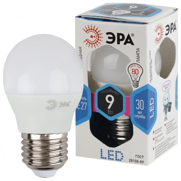 Б0029044 Лампочка светодиодная ЭРА STD LED P45-9W-840-E27 E27 / Е27 9Вт шар нейтральный белый свет