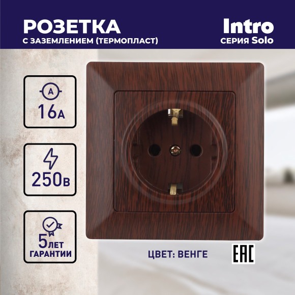 Б0043317 4-202-10 Intro Розетка 2P+E Schuko, 16А-250В, СУ, Solo, венге (10/200/2400)