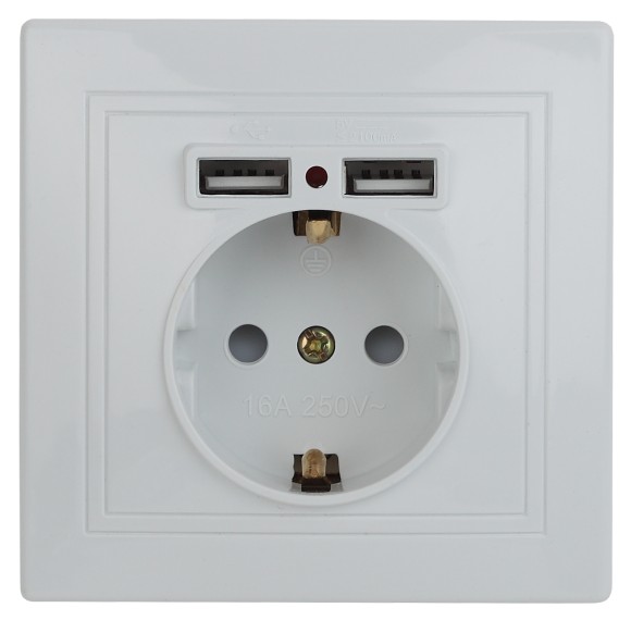 Б0053942 Розетка Intro Plano 1-410-01 с заземлением 2P+E Schuko со шторками, 16А-250В + 2хUSB 5В-2,1А, IP20, СУ, белый