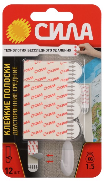SDSS-M-W12 Клейкие полоски СИЛА SDSS-M-W12 двусторонние сменные средние 12 шт, до 1,5 кг белые
