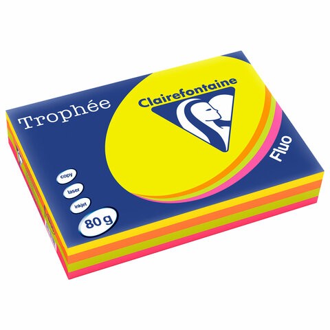 Бумага цветная CLAIREFONTAINE, А4, 80 г/м2, 500 л. (4 цв. x 125 л.), микс неон, Франция, 1705SC