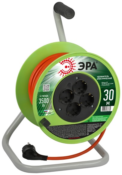 RP-4e-3x1.5-30m Удлинитель силовой ЭРА RP-4e-3x1.5-30m на пластиковой катушке c заземлением 4 розетки 30м ПВС 3х1,5мм2