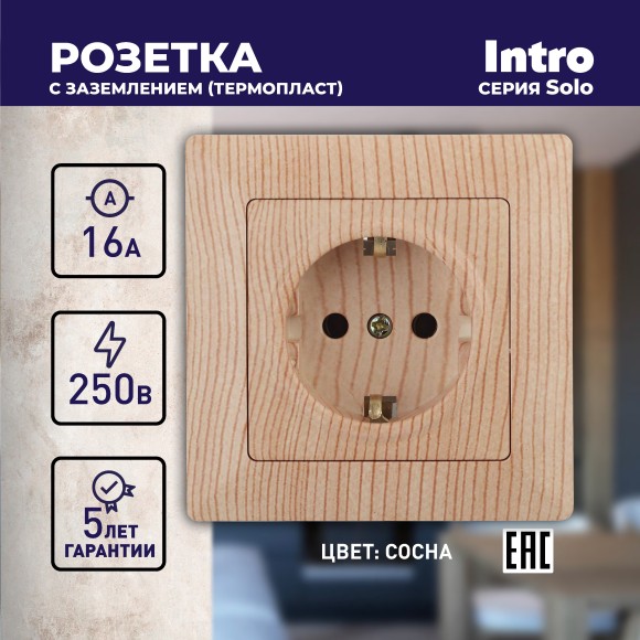 Б0043318 4-202-11 Intro Розетка 2P+E Schuko, 16А-250В, СУ, Solo, сосна (10/200/2000)