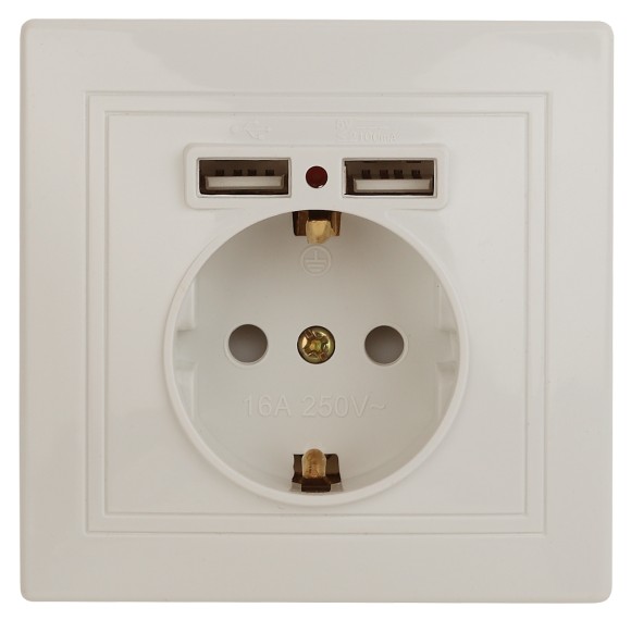 Б0053943 Розетка Intro Plano 1-410-02 с заземлением 2P+E Schuko со шторками, 16А-250В + 2хUSB 5В-2,1А, IP20, СУ, слоновая кость