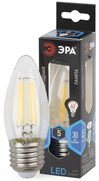Лампочка светодиодная ЭРА F-LED B35-5W-840-E27 Е27 / Е27 5Вт филамент свеча нейтральный белый свет