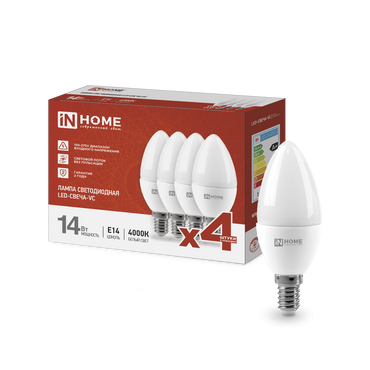4690612052328 Лампа сд LED-СВЕЧА-VC 4PACK 14Вт 230В Е14 4000К 1330Лм (4шт./упак) IN HOME