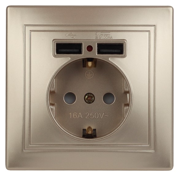 Б0053945 Розетка Intro Plano 1-410-04 с заземлением 2P+E Schuko со шторками, 16А-250В + 2хUSB 5В-2,1А, IP20, СУ, шампань