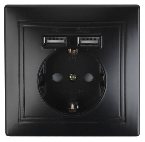 Б0053946 Розетка Intro Plano 1-410-05 с заземлением 2P+E Schuko со шторками, 16А-250В + 2хUSB 5В-2,1А, IP20, СУ, антрацит