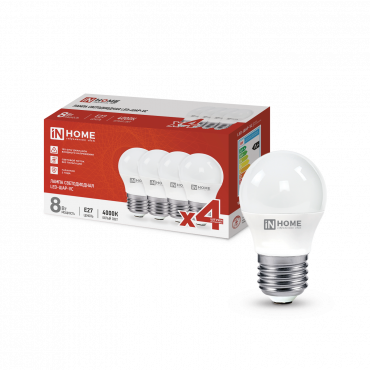 4690612047867 Лампа сд LED-ШАР-VC 4PACK 8Вт 230В Е27 4000К 760Лм (4шт./упак) IN HOME