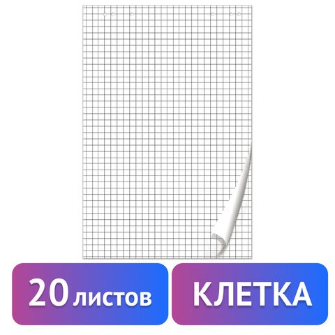 Блокнот для флипчарта ПЛОТНЫЙ 80 г/м2, BRAUBERG, 67,5х98 см, 20 листов, белый (КЛЕТКА), 128645