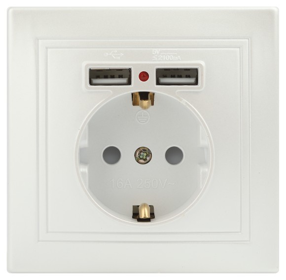 Б0053947 Розетка Intro Plano 1-410-06 с заземлением 2P+E Schuko со шторками, 16А-250В + 2хUSB 5В-2,1А, IP20, СУ, перламутр