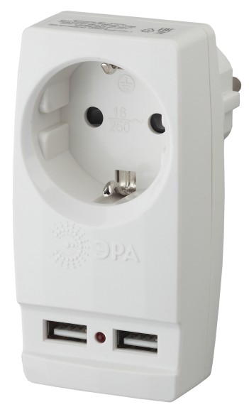 Б0026332 Разветвитель электрический ЭРА SP-1e-USB-W на 1 розетку + 2 USB с заземлением 16А белый