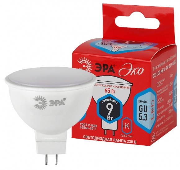 Б0032973 Лампочка светодиодная ЭРА RED LINE ECO LED MR16-9W-840-GU5.3 GU5.3 9 Вт софит нейтральный белый свет