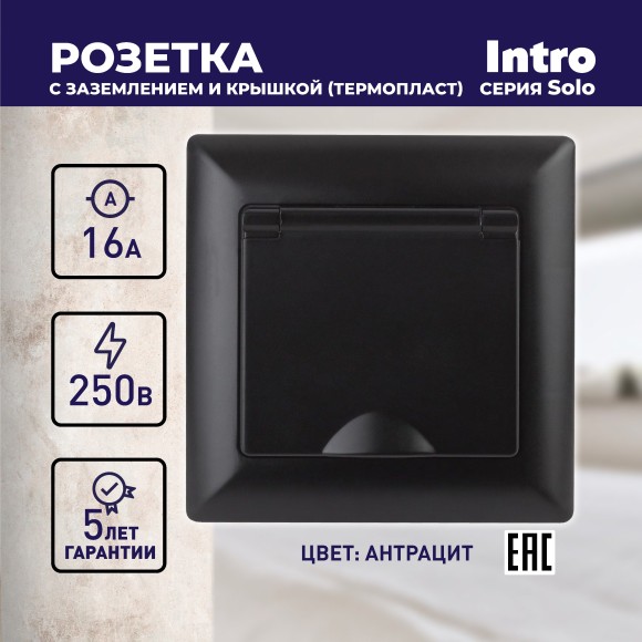 Б0053661 Розетка Intro Solo 4-203-05 с заземлением 2P+E Schuko с крышкой, 16А-250В, IP20, СУ, антрацит