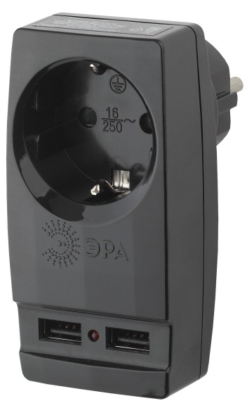 Б0026333 Разветвитель электрический ЭРА SP-1e-USB-B на 1 розетку + 2 USB с заземлением 16А черный