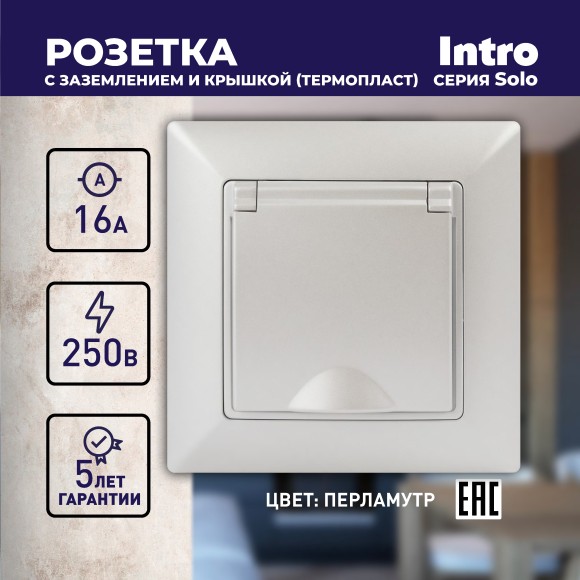Б0053662 Розетка Intro Solo 4-203-06 с заземлением 2P+E Schuko с крышкой, 16А-250В, IP20, СУ, перламутр