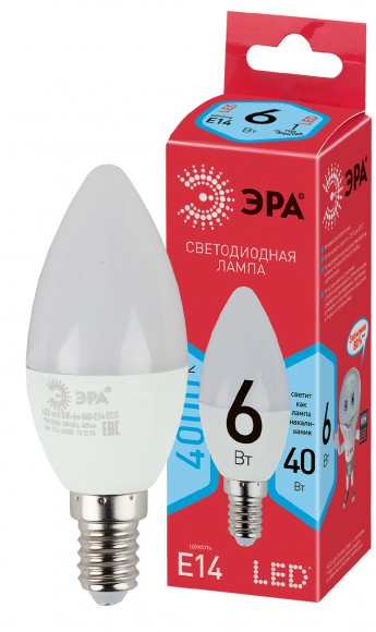 Б0020619 Лампочка светодиодная ЭРА RED LINE ECO LED B35-6W-840-E14 E14 / Е14 6Вт свеча нейтральный белый свет