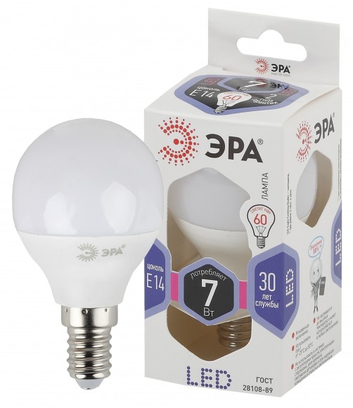 Б0031401 Лампочка светодиодная ЭРА STD LED P45-7W-860-E14 E14 / Е14 7Вт шар холодный дневной свет