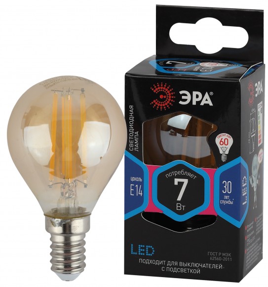 Лампочка светодиодная ЭРА F-LED P45-7W-840-E14 gold E14 / Е14 7Вт филамент шар золотистый нейтральный белый свет