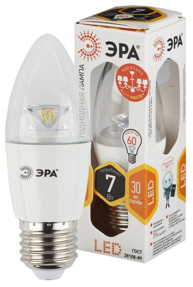 Лампочка светодиодная ЭРА Clear LED B35-7W-827-E27-Clear E27 / Е27 7Вт свеча теплый белый свет