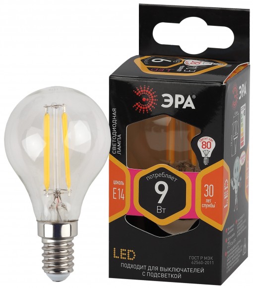 Б0047020 Лампочка светодиодная ЭРА F-LED P45-9w-827-E14 E14 / Е14 9Вт филамент шар теплый белый свет