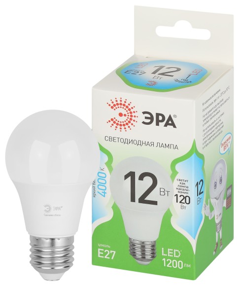 LED A60-12W-840-E27 GL Лампочка светодиодная ЭРА GREEN LINE LED A60-12W-840-E27 GL E27 12 Вт груша яркий белый свет