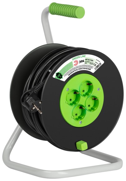 KAT-3x1.5-30m Удлинитель силовой ЭРА GREEN LINE KAT-3x1.5-30m Greenline на катушке пластик 4 розетки с заземлением 30м ПВС 3x1.5мм2