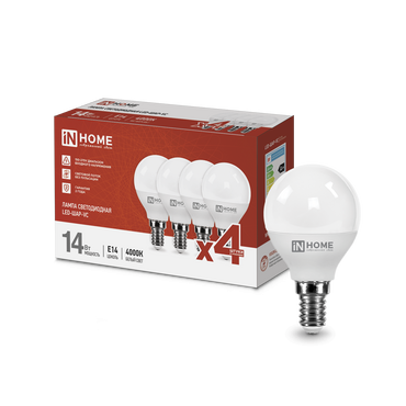 4690612052359 Лампа сд LED-ШАР-VC 4PACK 14Вт 230В Е14 4000К 1330Лм (4шт./упак) IN HOME