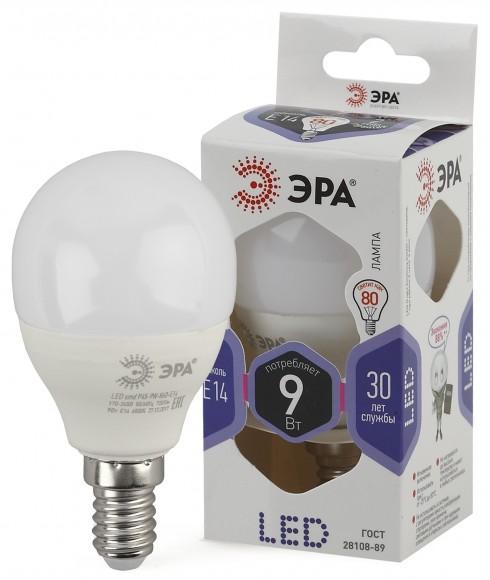 Б0031411 Лампочка светодиодная ЭРА STD LED P45-9W-860-E14 E14 / Е14 9Вт шар холодный дневной свет
