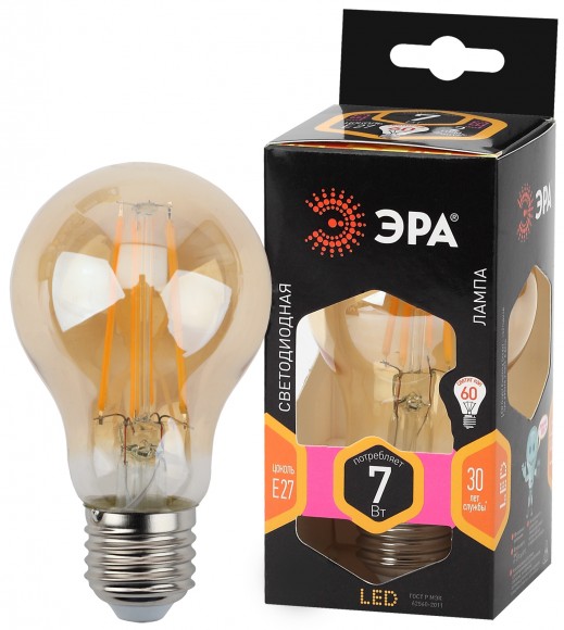 Лампочка светодиодная ЭРА F-LED A60-7W-827-E27 gold Е27 / Е27 7Вт филамент груша золотистая теплый белый свет