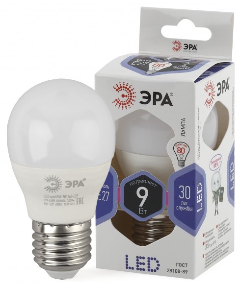 Б0031412 Лампочка светодиодная ЭРА STD LED P45-9W-860-E27 E27 / Е27 9Вт шар холодный дневной свет