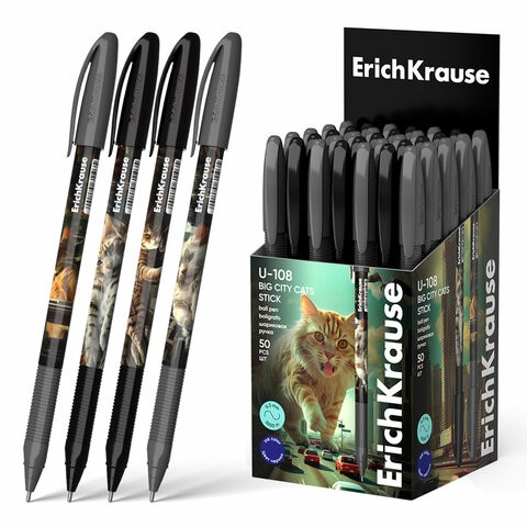 Ручка шариковая масляная ERICH KRAUSE U-108 "Stick Big City Cats", СИНЯЯ, узел 1 мм, линия 0,5 мм, 63103